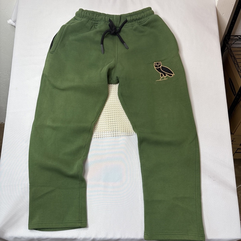 OVO Sweatpants Mens M Green Fleece Joggers Owl Logo Drawstring Read